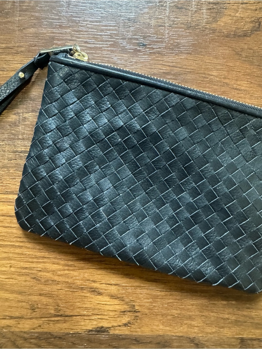 Cole Haan Black Woven Leather Wristlet Clutch with Gold Accent